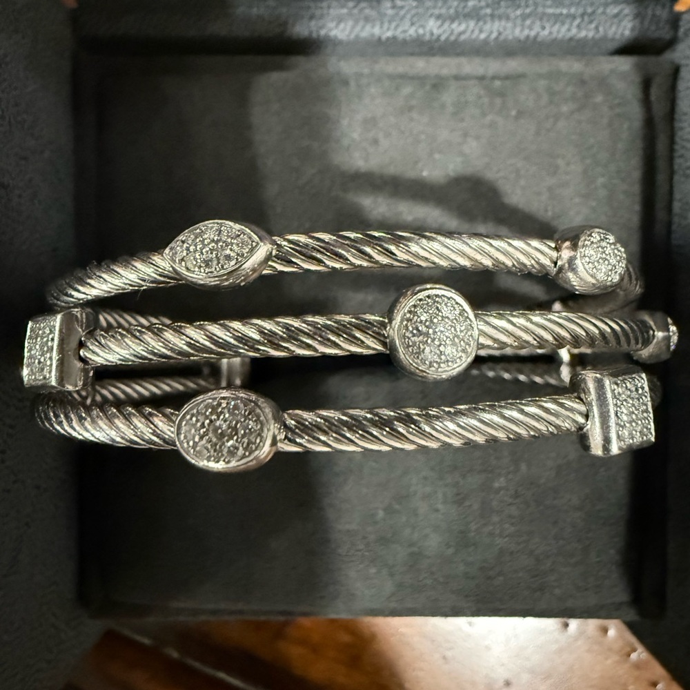 David  Yurman silver twisted bracelet with diamond stones